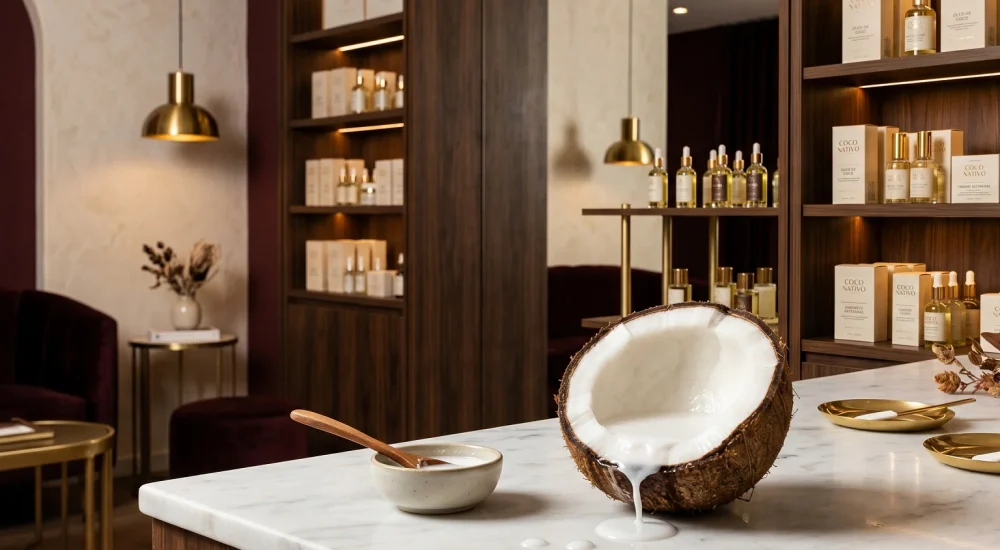 Boutique de luxo com fragrância de coco cremoso evocando sofisticação e experiência sensorial premium