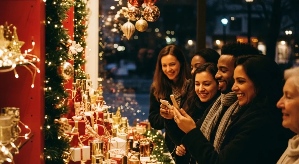 Consumidores em loja decorada para o Natal com clima festivo e acolhedor.