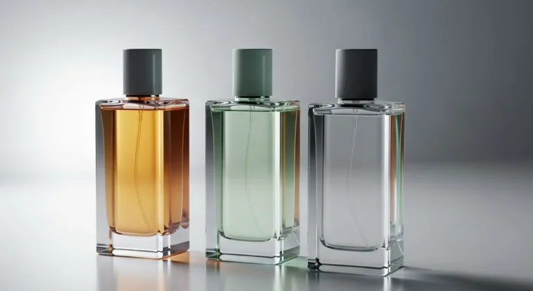 Perfumes de 2025 em frascos minimalistas representando tendências olfativas