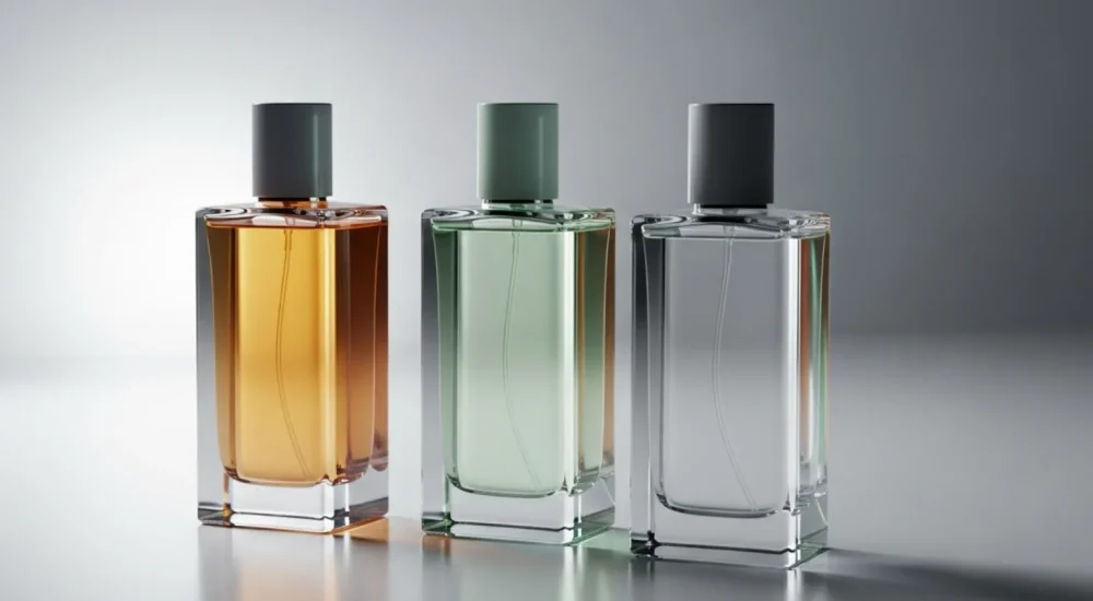 Perfumes de 2025 em frascos minimalistas representando tendências olfativas