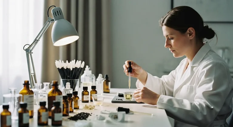 Perfumista profissional desenvolvendo fragrância assinada para ambientes em laboratório de criação olfativa