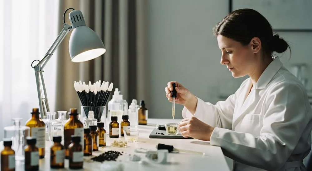 Perfumista profissional desenvolvendo fragrância assinada para ambientes em laboratório de criação olfativa