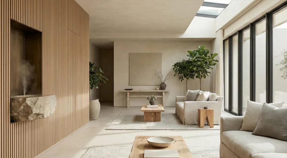 Identidade olfativa aplicada em lobby contemporâneo com atmosfera sofisticada.