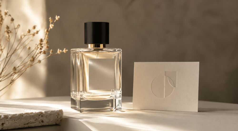 Frasco de fragrância e elementos de identidade de marca sobre superfície branca em fotografia editorial sofisticada