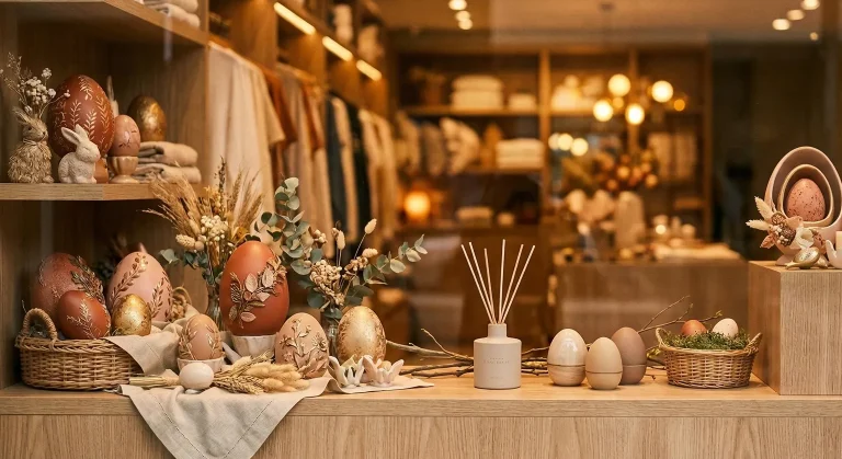 Vitrine de loja decorada para Páscoa com atmosfera sensorial sofisticada e difusor de fragrância ambiente