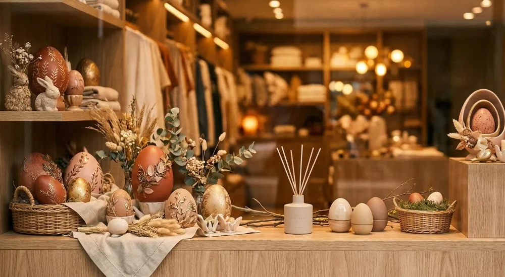 Vitrine de loja decorada para Páscoa com atmosfera sensorial sofisticada e difusor de fragrância ambiente