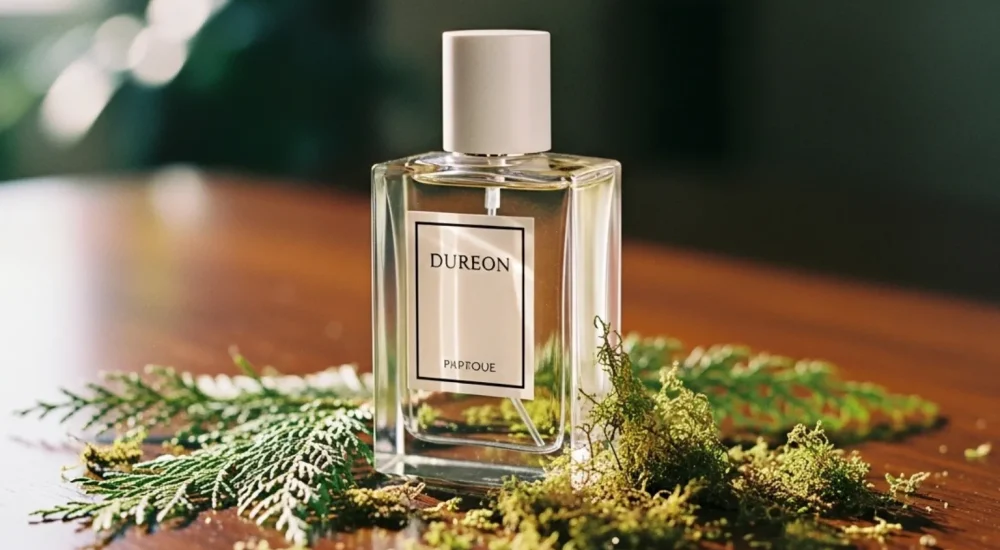 frasco de perfume sobre madeira com musgo de carvalho e cedro, representando notas amadeiradas