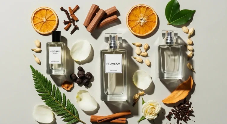 Frascos de perfume com ingredientes naturais representando diferentes notas olfativas sobre fundo neutro