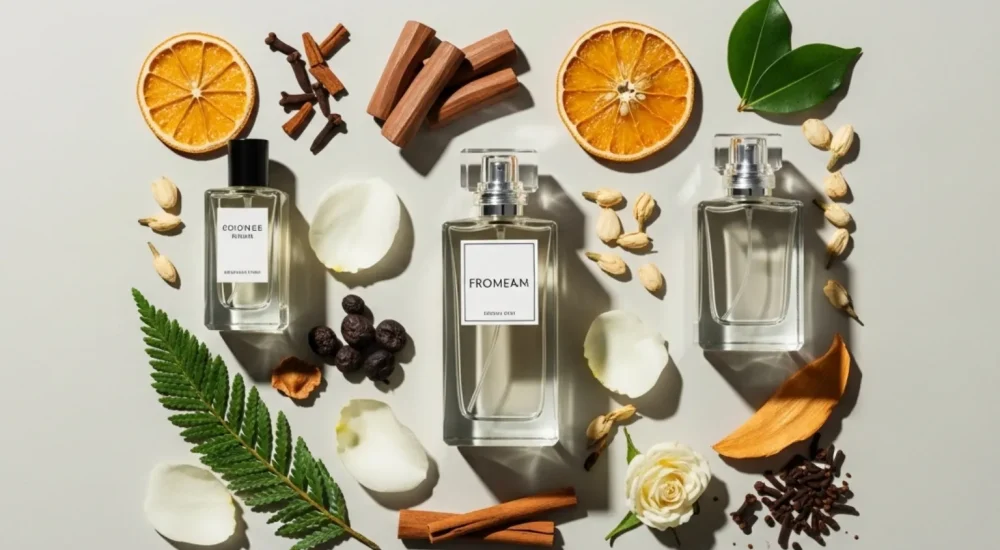 Frascos de perfume com ingredientes naturais representando diferentes notas olfativas sobre fundo neutro