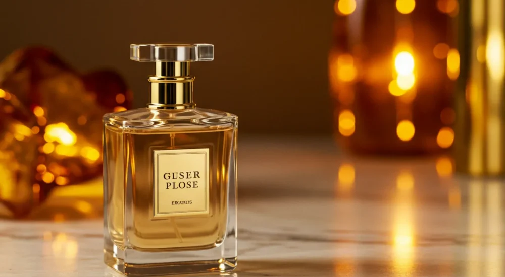 Frasco de fragrância sofisticada inspirado no âmbar em fundo dourado.