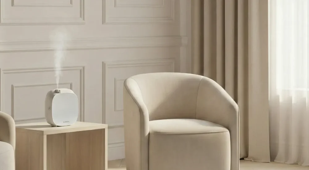 Interior minimalista inspirado na Pantone Cloud Dancer com difusor de cheiro profissional.