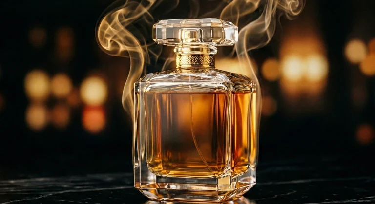 Frasco de perfume sofisticado com vapor etéreo representando intensidade e projeção olfativa.