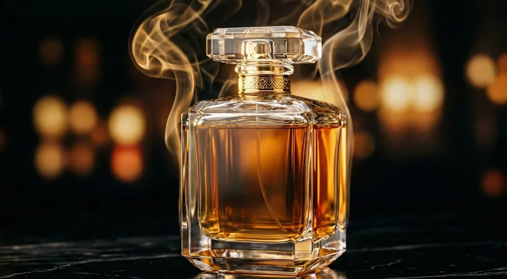 Frasco de perfume sofisticado com vapor etéreo representando intensidade e projeção olfativa.