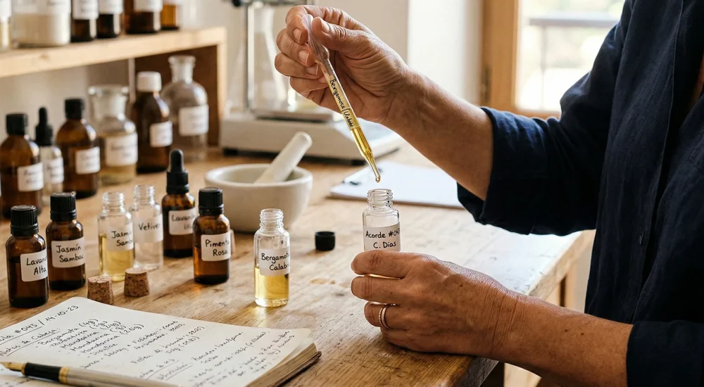 Perfumista analisando notas olfativas de fragrância para aromatização profissional de ambientes