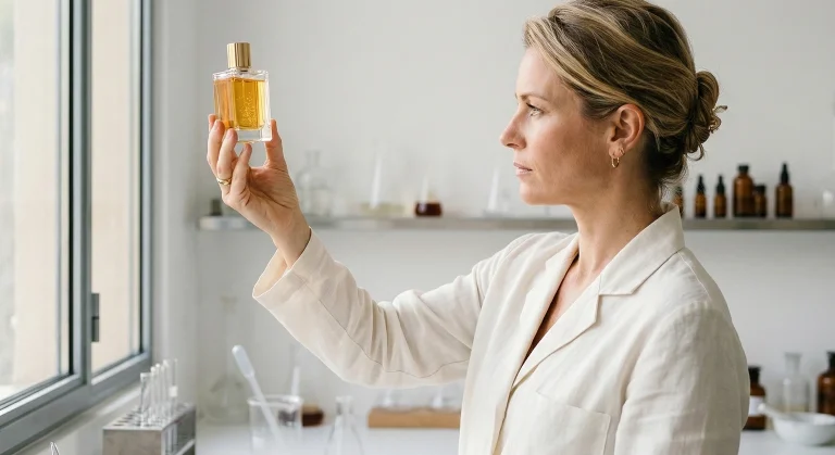 Perfumista analisando frasco de fragrância em laboratório, representando a estrutura da pirâmide olfativa