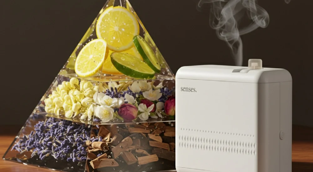 Alt: Ilustração da Pirâmide olfativa aplicada à aromatização de ambientes corporativos