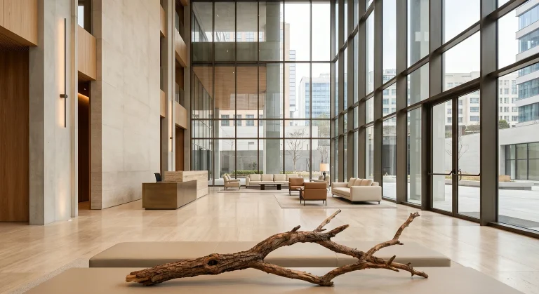 Hall corporativo amplo com luz natural, representando a aromatização de grandes espaços com fragrâncias de sândalo e cedro.