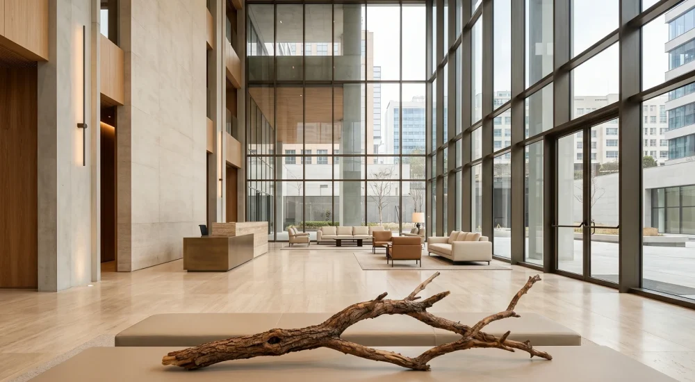 Hall corporativo amplo com luz natural, representando a aromatização de grandes espaços com fragrâncias de sândalo e cedro.